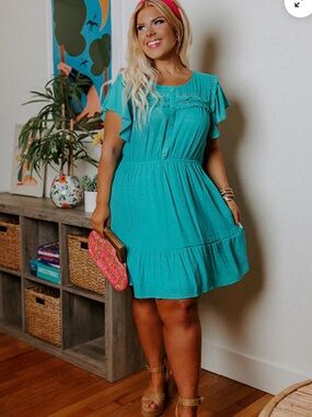 mine Jade Colored Flutter Short Sleeve Tiered Lightweight Spring/Summer Dress